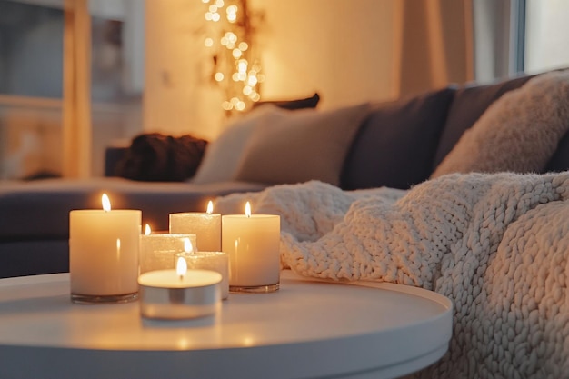 Living Room Fall Scene with Candles and Plush Sofa