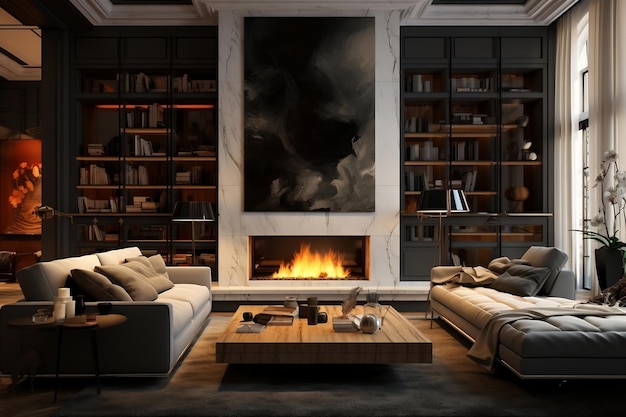 Living room featuring a fireplace Generative Ai