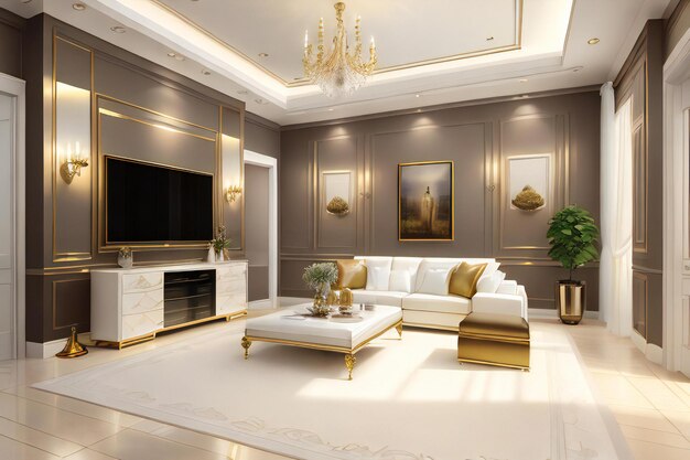 a living room filled with furniture and a flat screen tv gold and luxury materials