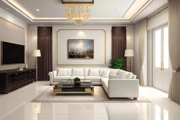 a living room filled with furniture and a flat screen tv gold and luxury materials