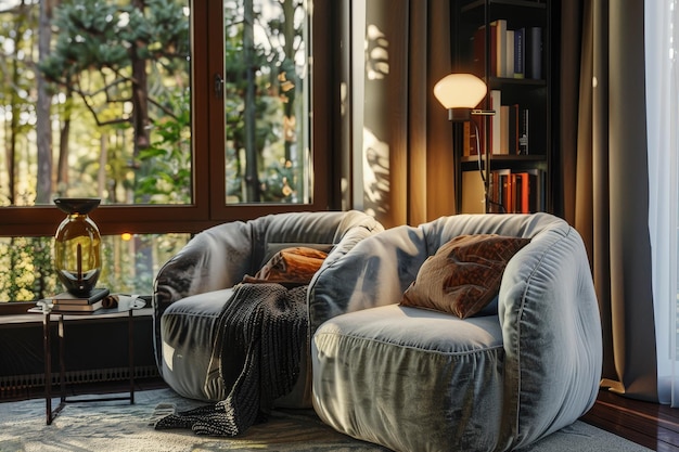 Photo a living room filled with furniture including plush armchairs and a large window letting in natural light a cozy reading nook with plush armchairs and a vintage lamp