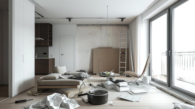 A living room filled with furniture and a large window home renovation