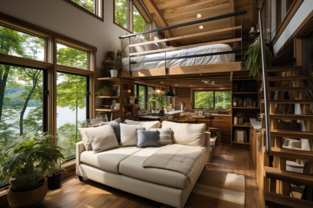 A living room filled with furniture and lots of windows tiny house interior with loft bed