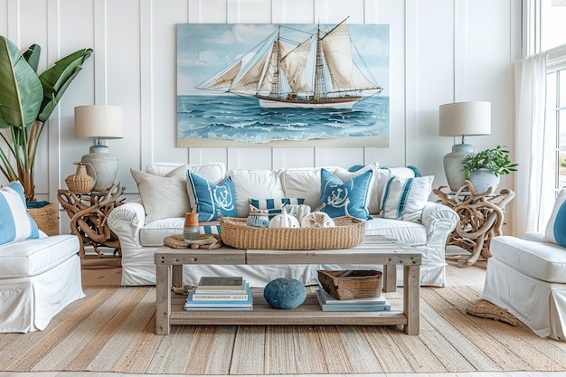 Photo a living room filled with furniture and a painting on the wall decorated with nautical elements coastal living room with nautical decorations and a breezy feel