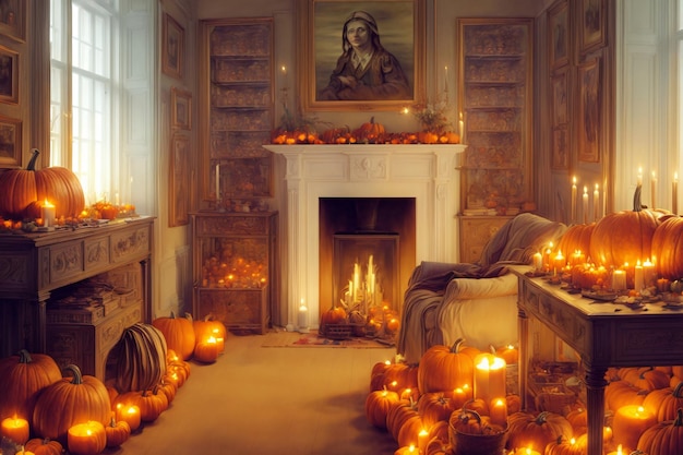 A Living Room Filled With Lots Of Pumpkins