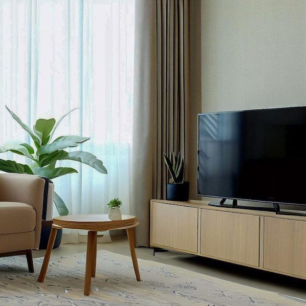 Living room furniture with tv and small plant