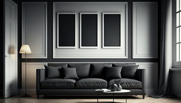 Living room gallery wall mockup, frames on the wall, minimalist frame mockup, Poster, 3d render.