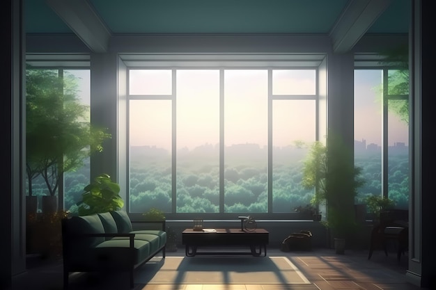 living room green concept elegant with big window Generated ai