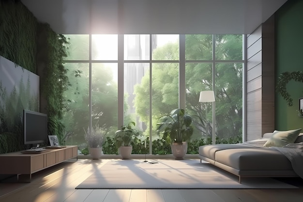 living room green concept elegant with big window Generated ai