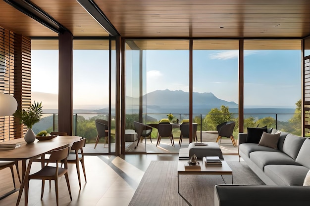 The living room of the house features a view of the ocean and mountains.