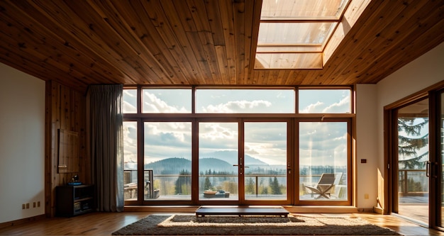 the living room of the house has a view of mountains and mountains