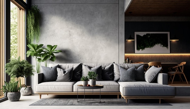 Living room interior concrete wall mockup have sofa and decoration 4 Generative AI