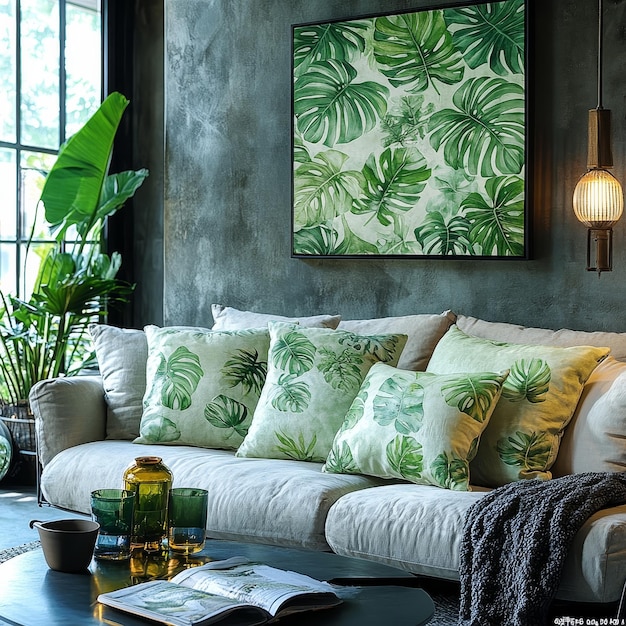 Photo living room interior design with green cushions on the sofa and coffee table