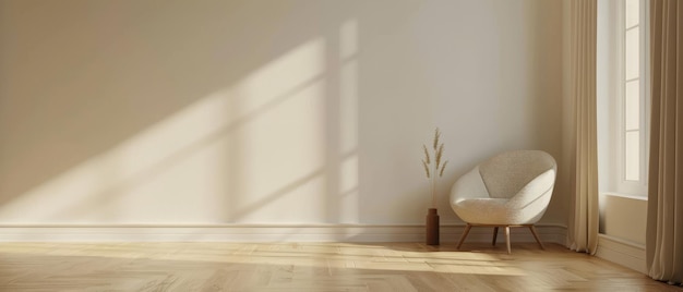 a living room interior featuring a white wall wooden floor and a contemporary armchair on the right