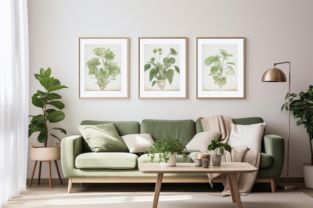 The living room interior is adorned with beautiful botanical posters hanging on the wall The posters