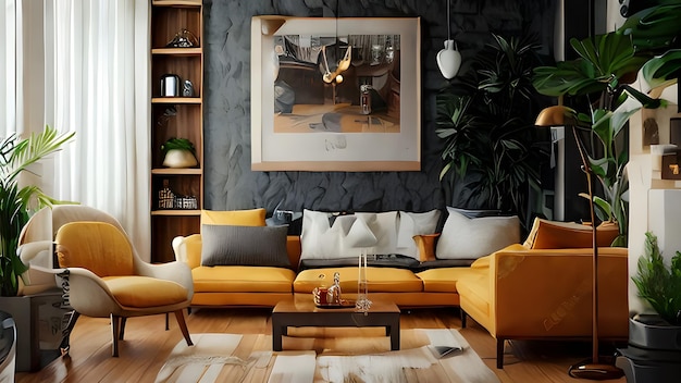 Living room interior in loft industrial style 3d render