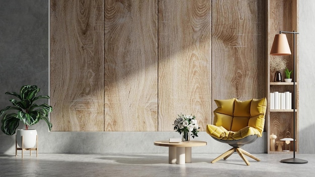 Living room interior in loft style with yellow armchair on empty wooden wall background