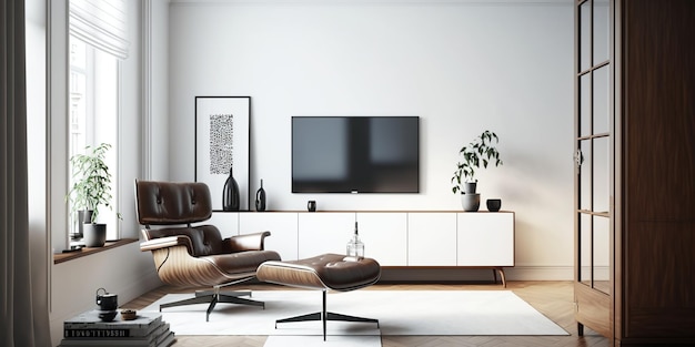 Living room interior mockup or setup have cabinet for tv and leather armchair in white room