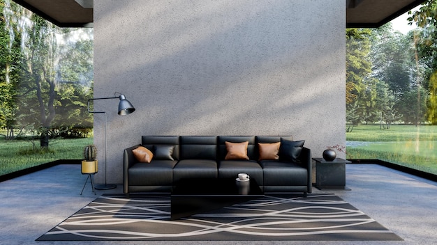 Living room interior in modern loft cement room with empty cement wall and clear glass window