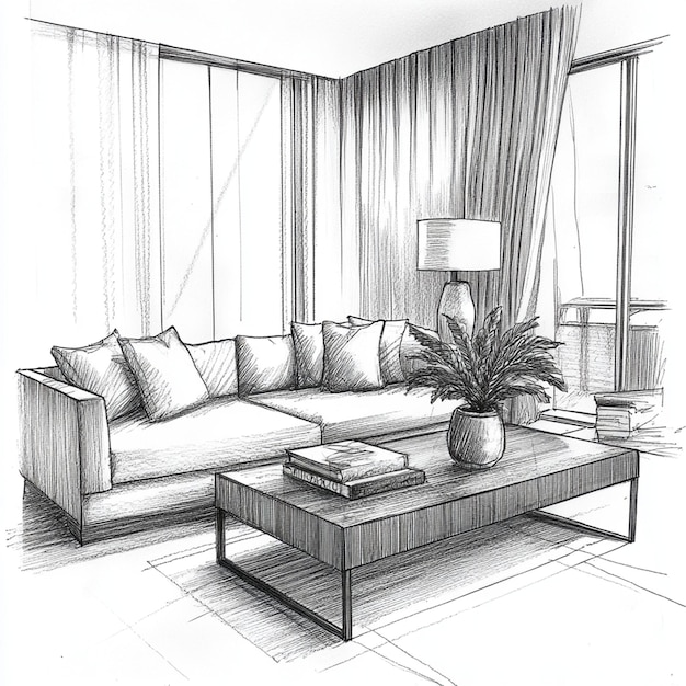 Photo living room interior sketch with coffee table