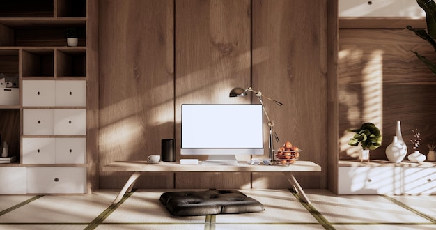 Living room interior on tatami mat floor computer on low table and pillow3D rendering