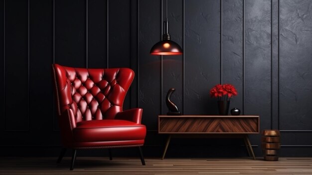 Living room interior wall mockup in black tones with red leather armchair on dark wall background