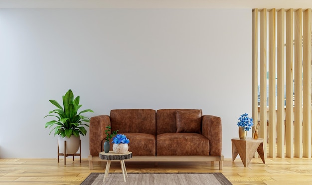 Living room interior wall mockup in warm tones with leather sofa which is behind the kitchen3D rendering