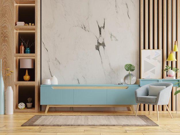 Living room interior with armchair and cabinet for tv on empty marble wall background.3D rendering