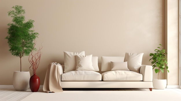 Living room interior with a beige sofa coffee table and pampas grass 3d render