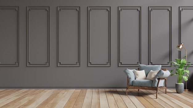 Living Room interior with blue velvet armchair on dark brown wall.