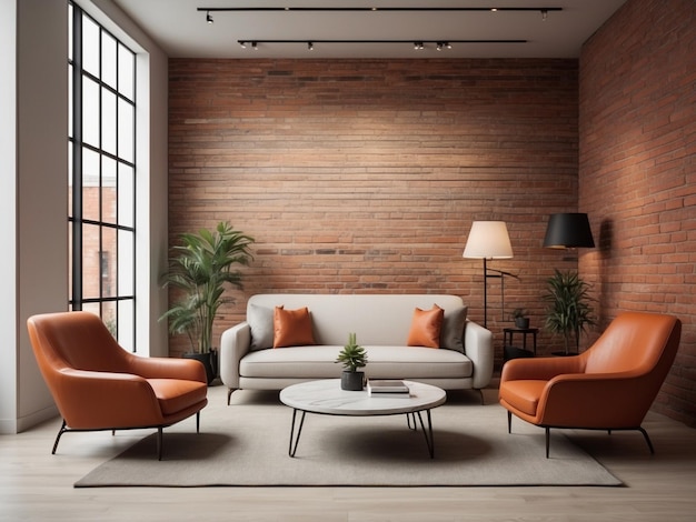 Living room interior with brown brick walls wooden floor orange sofa and coffee table