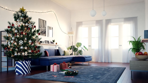 Living room interior with christ mas tree 3d rendering