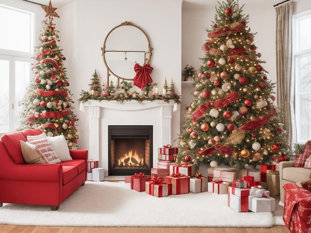 Living room interior with decorated fireplace