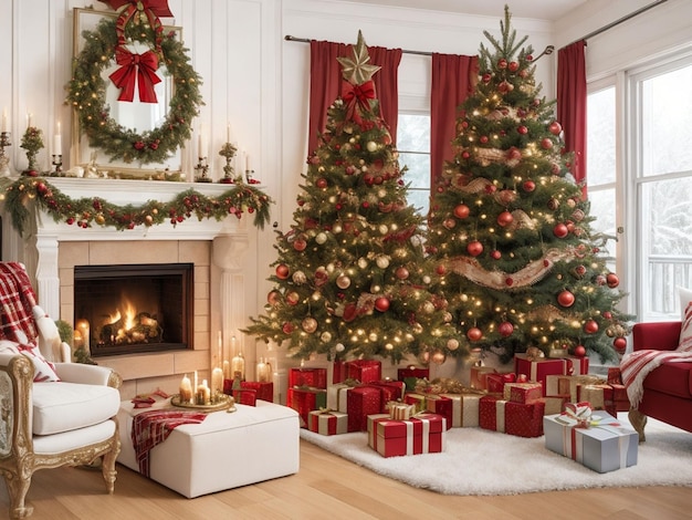 Living room interior with decorated fireplace