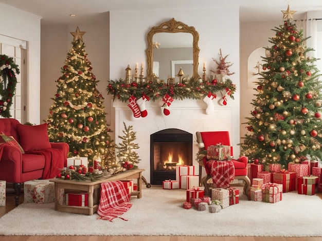 Living room interior with decorated fireplace