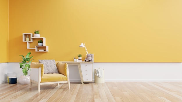 Living room interior with fabric armchair ,lamp,book and plants on empty yellow wall .