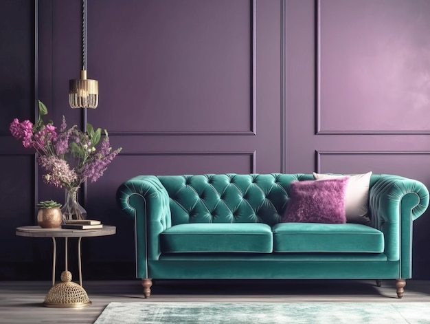 Living room interior with green sofa and decoration room on empty dark purple wall background Banner Copyspace