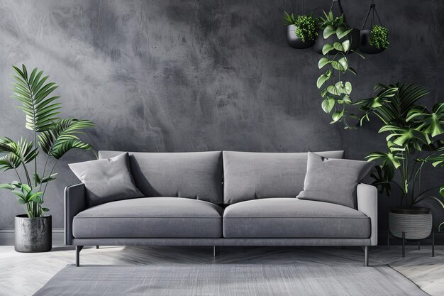 Photo living room interior with a grey sofa and empty wall