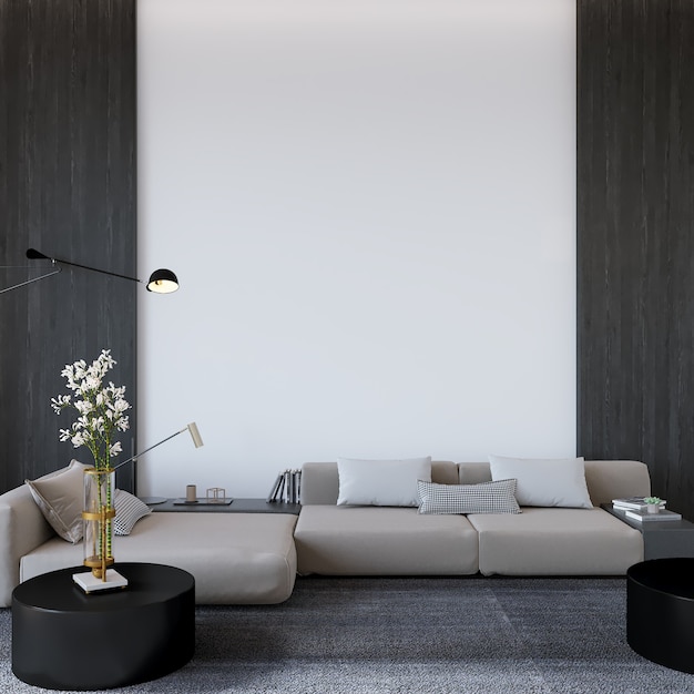 Living room interior with grey sofa