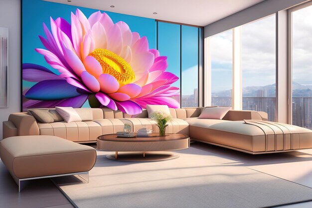 Living room interior with large flowers on the wall