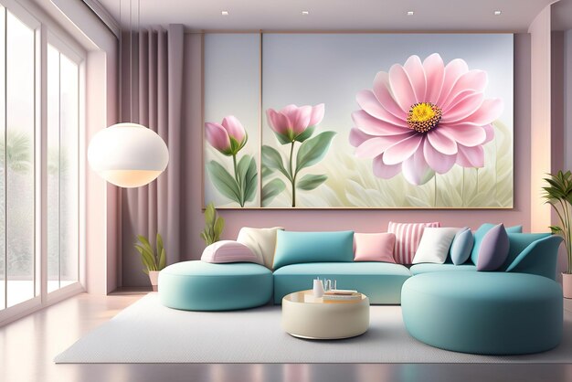 Living room interior with large flowers on the wall