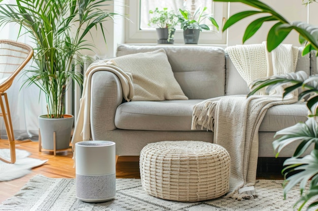 living room interior with a modern air purifier comfortable couch and lush houseplants