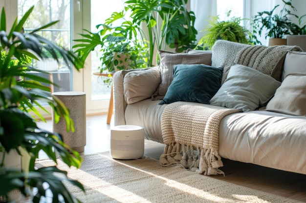 living room interior with a modern air purifier comfortable couch and lush houseplants