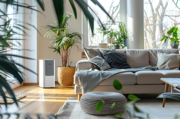 living room interior with a modern air purifier comfortable couch and lush houseplants