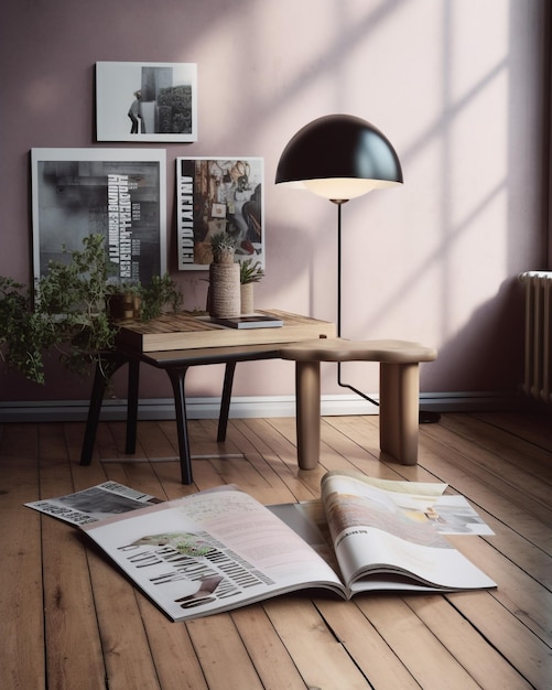 Living room interior with modern lamp on table and comfortable