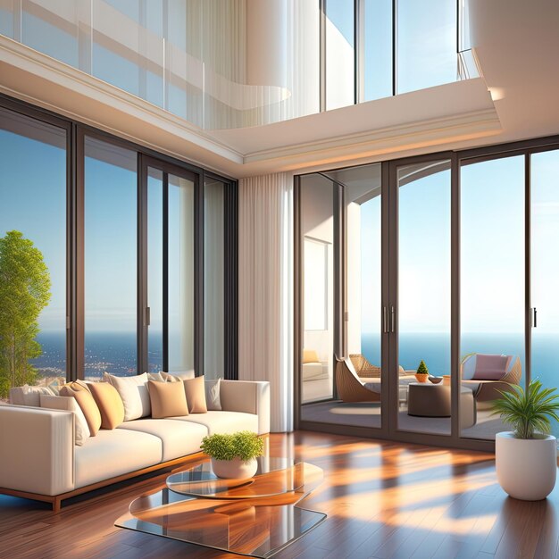 Living room interior with panoramic window