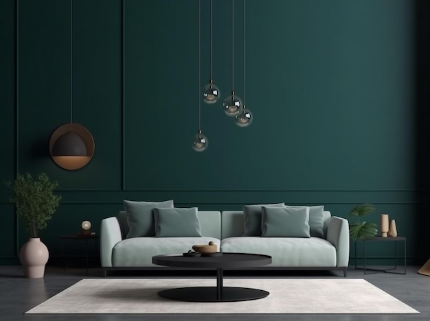 Living room interior with sofa on dark green background