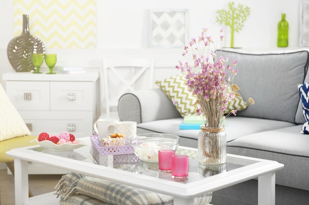 Living room interior with sofa and table