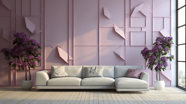 living room interior with white sofa and pink wall and purple plants