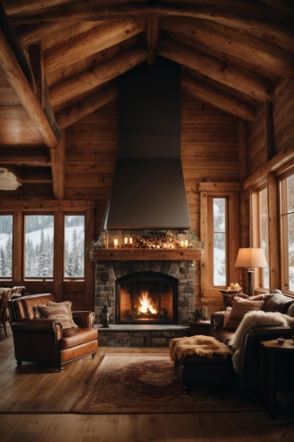 The living room is a cozy wooden house with a burning fireplace with large windows in a winter forest Hotels holiday homes